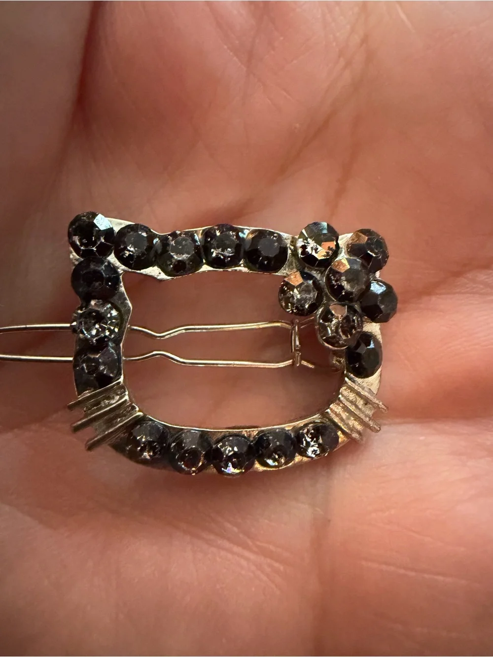 Hello Kitty Style Rhinestone Hair Barrette Clip Black Crystal Silver Tone